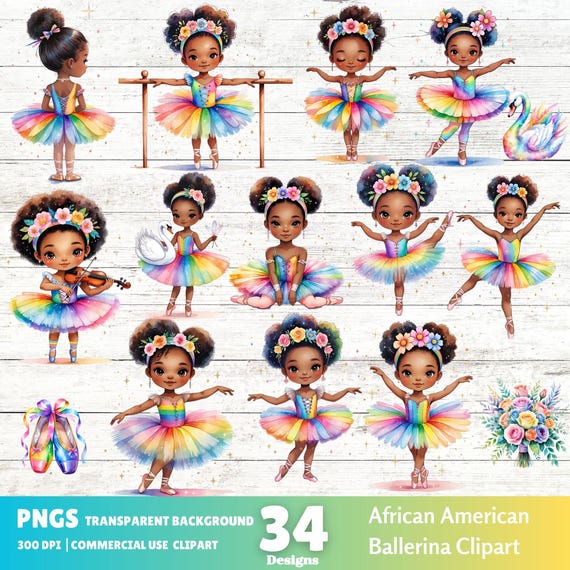 African American Ballerina Clipart Rainbow PNG for Kids Crafts