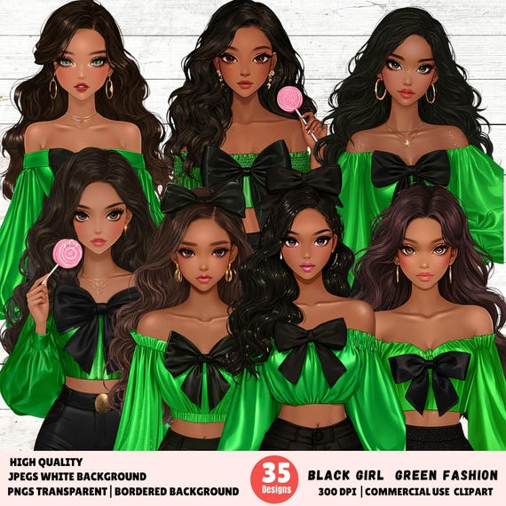 Black Girl Fashion Clipart, Black Girl,  Black Girl Green Bow Fashion Illustration PNG JPG Digital Set