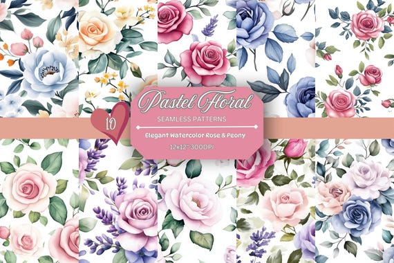 Watercolor Roses Peonies Seamless Patterns: Vintage Floral Digital Paper