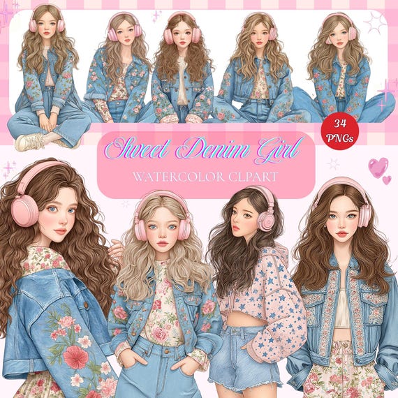 Watercolor Denim Girl Clipart: Planner Stickers, Scrapbooking (34 PNG Files)