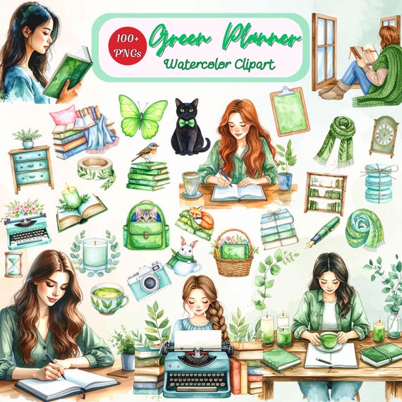 Watercolor Green Planner Clipart: Cozy Study PNG Bundle (Digital Download, 100+ Elements)