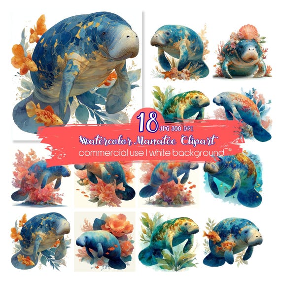 Watercolor Manatee Clipart, Ocean Animal Illustration Digital Download JPG