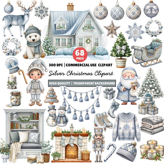 Christmas Clipart Silver, Pastel Winter PNG Bundle, Watercolor PNGs (Digital Download)