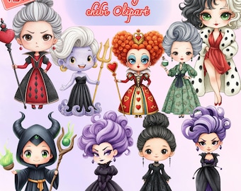 Chibi Villains Clipart, Female Villains PNGs (Digital Download)