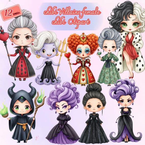 Halloween, chibi villains female clipart  , cute chibi villains PNG for sublimation , crafts , chibi villains clipart, digital download