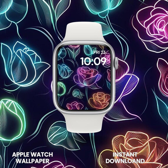 Neon Rose Apple Watch Wallpaper: Vibrant Floral Line Art (Digital Download)