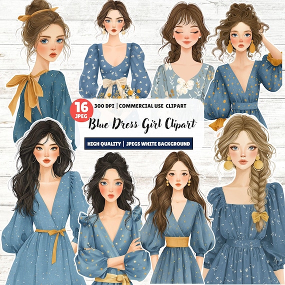 Blue Dress Girl Clipart, Fashionable Girls, Digital Downloads, Commercial Use, Clipart JPEG, 300 DPI