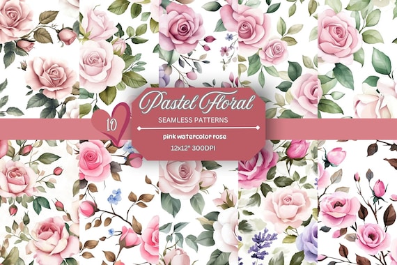Watercolor Pink Rose Seamless Patterns: Floral Digital Paper (JPG)