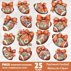 Puede incluir: Una colección de imágenes prediseñadas de acuarela con balones de fútbol americano con diseños de patchwork y lazos naranjas con lunares. Los balones de fútbol tienen detalles florales y estampados. El texto en la parte inferior dice "PNGS TRANSPARENT BACKGROUND" y "25 Designs".