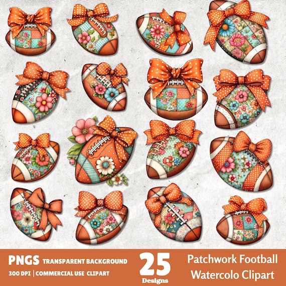 Watercolor Floral Football Clipart Set: Patchwork Bow PNG (Digital Download)