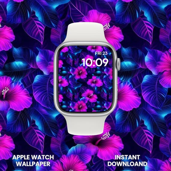 Neon Hibiscus Apple Watch Wallpaper: Tropical Floral Glow (Digital Download)