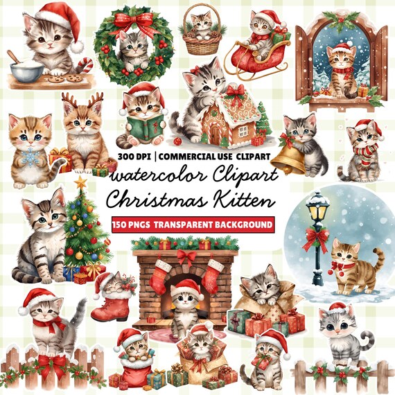 Watercolor Christmas Kitten Clipart: Holiday Cat Art PNG Bundle (Digital Download)