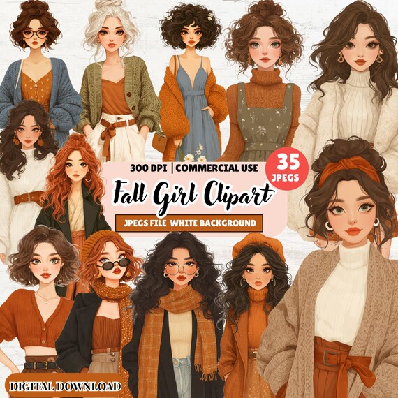 Fall Girl Clipart Set | 35 Autumn Fashion Illustrations (Digital Download)
