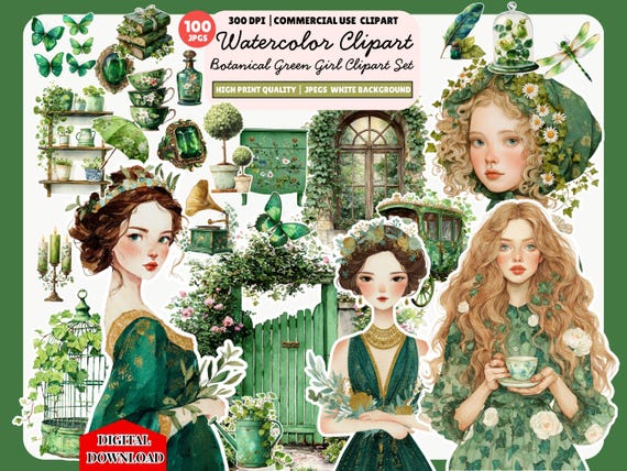Botanical Green Girl Watercolor Clipart | 100 JPG Illustrations | Vintage Cottagecore Women & Green Floral Elements