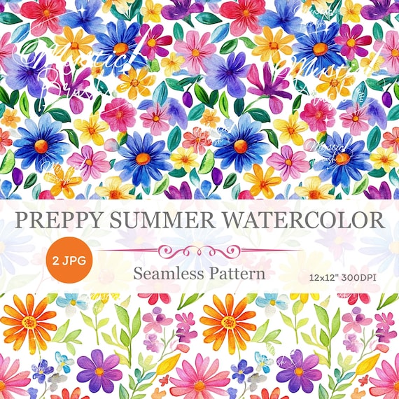 Preppy Summer Watercolor Seamless Pattern: 12"x12" JPG (Digital Download)