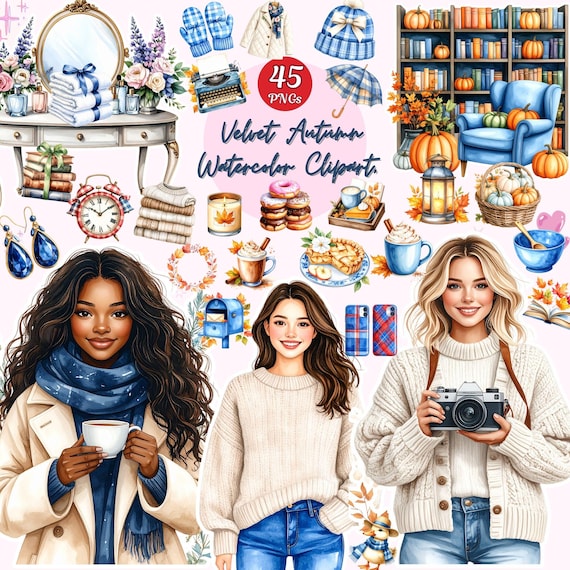 Velvet Autumn Watercolor Clipart PNG: Cozy Fall Graphics (Digital Download)
