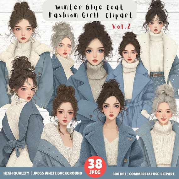 Winter Blue Fashion Girl Clipart, Winter Blue Fashion Girl Cozy Outfit, Winter Blue Fashion Girl Clipart JPEG 300 DPI vol.2