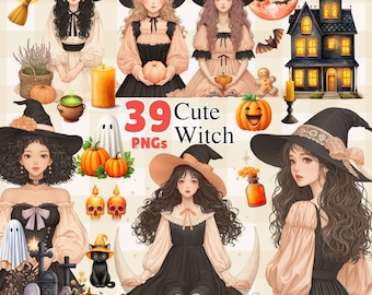 Clipart de bruxa de Halloween em aquarela – Conjunto de 39 PNG (download digital)