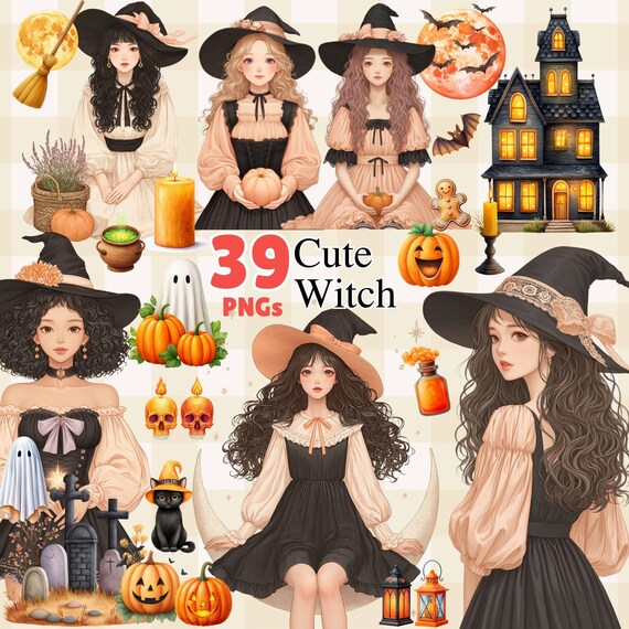 Watercolor Halloween Witch Clipart – 39 PNG Set (Digital Download)