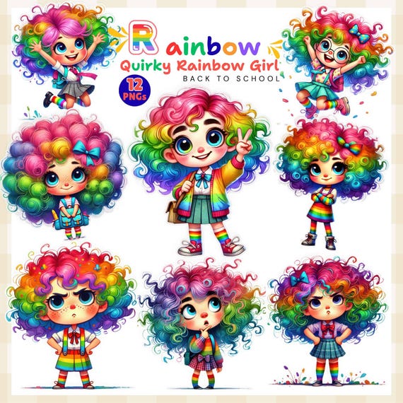 Rainbow Hair School Girl Clipart: Watercolor PNG Stickers (Digital Download)