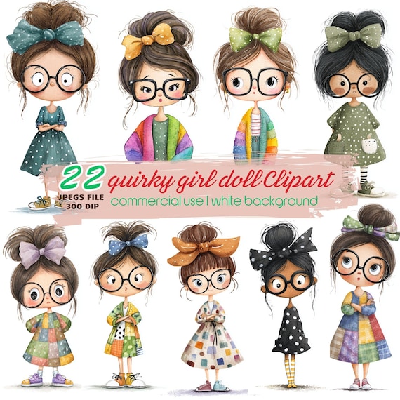 Quirky Girl Clipart, Watercolor Cute Doll JPEGs, Autumn, Scrapbooking, Planner, Printable, junk journal ,paper craft ,Digital Download