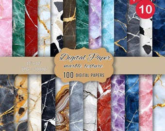 May include: A digital paper pack featuring 100 marble textures in a variety of colours, including pink, green, blue, red, and purple. The papers are 12 inches by 12 inches and 300 dpi. The text "FREE 10" is in a red circle in the top right corner.