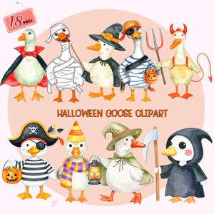 Halloween Goose Clipart Set, Cute Goose in Costume, Watercolor Halloween Goose PNG for Stickers, Sublimation, Cards