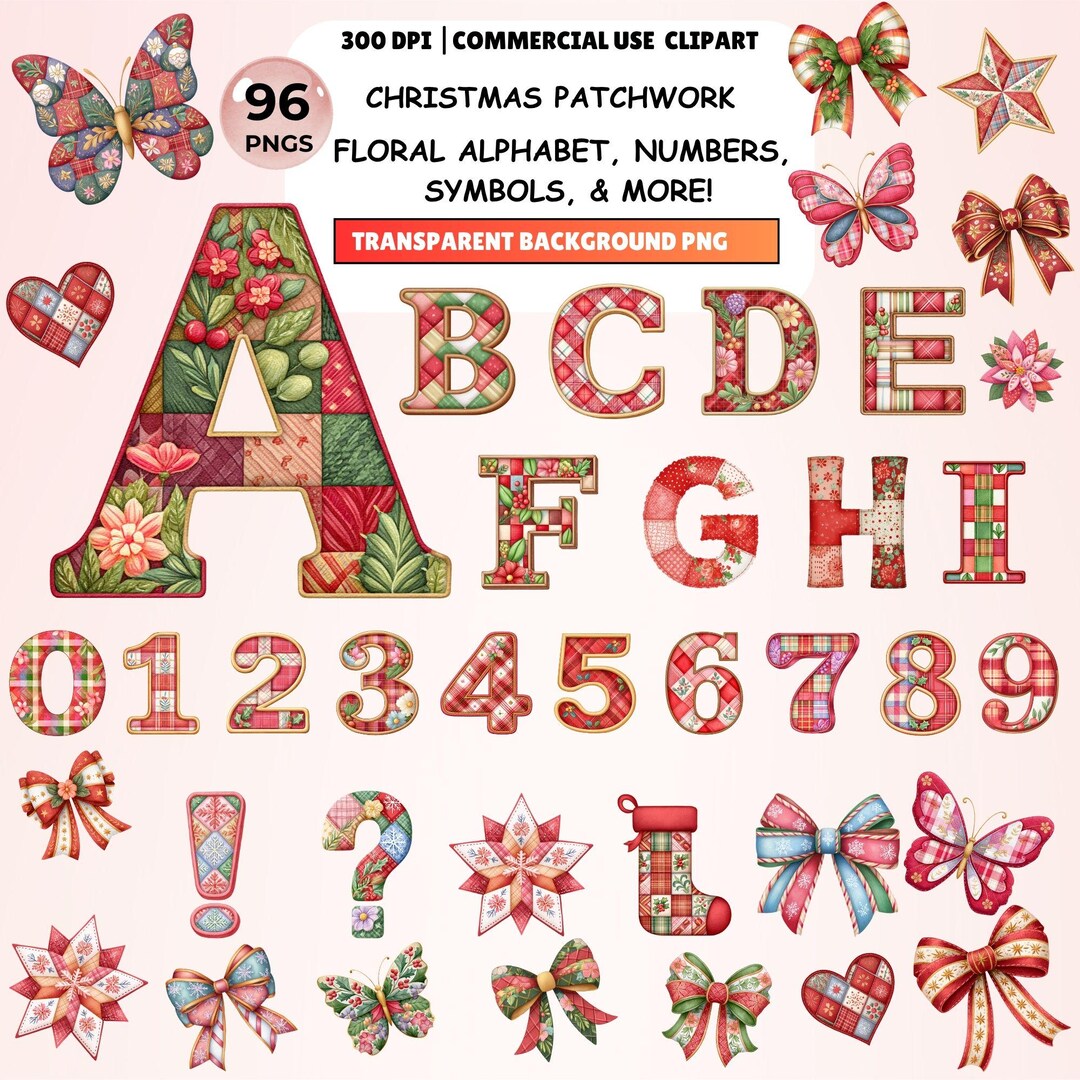 Christmas Patchwork Alphabet Clipart: Floral PNG Set (numbers, Symbols ...