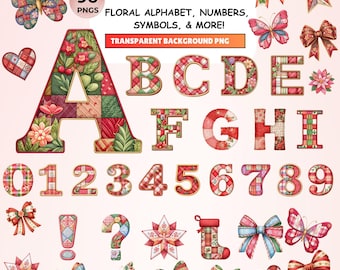 Clipart alphabet patchwork de Noël : ensemble PNG floral (chiffres, symboles)