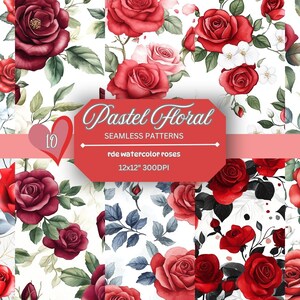 Red Rose Seamless Patterns - Watercolor Rose Digital Paper - Romantic Rose Backgrounds for Scrapbooking, Wedding Invitations  Fabric Design