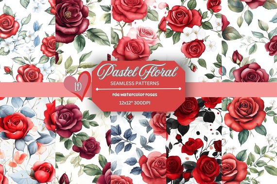 Watercolor Red Rose Seamless Patterns: Romantic Floral Digital Paper (12x12 inches, JPG, Digital Download)