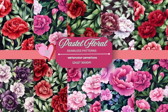Watercolor Carnation Seamless Pattern: Floral Digital Paper (12x12in JPG, 300 DPI)