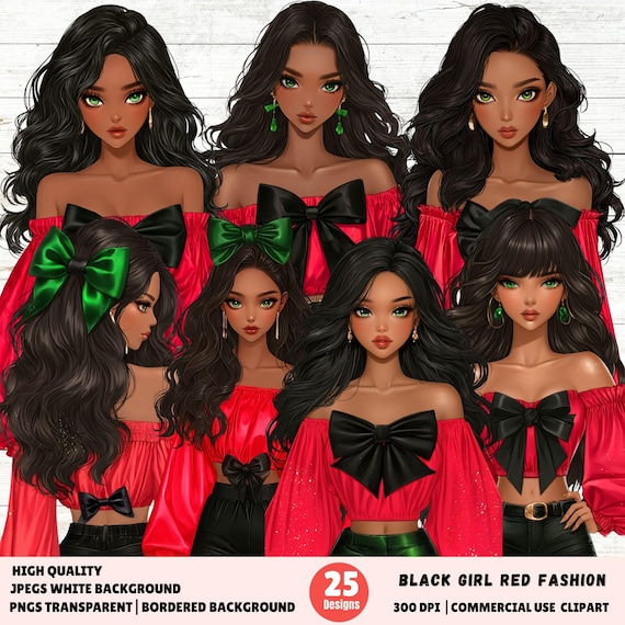 Black Girl Red Fashion Clipart, Black Girl Red Fashion Clipart, Black Girl Red Fashion Clipart Bow PNG JPG Digital Download Clipart Set