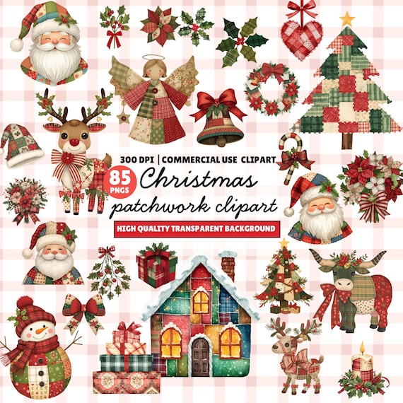 Christmas Patchwork Clipart PNG, Quilted Christmas  Bundle, for Sublimation & Scrapbooking
