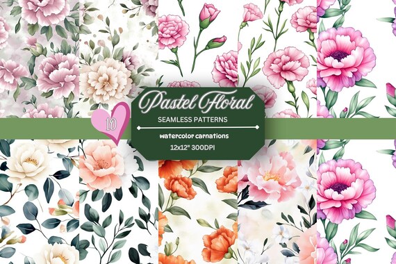 Watercolor Carnation Seamless Patterns, Romantic Floral , Vintage Botanical Background, Scrapbooking, Fabric Printing, Wedding Design