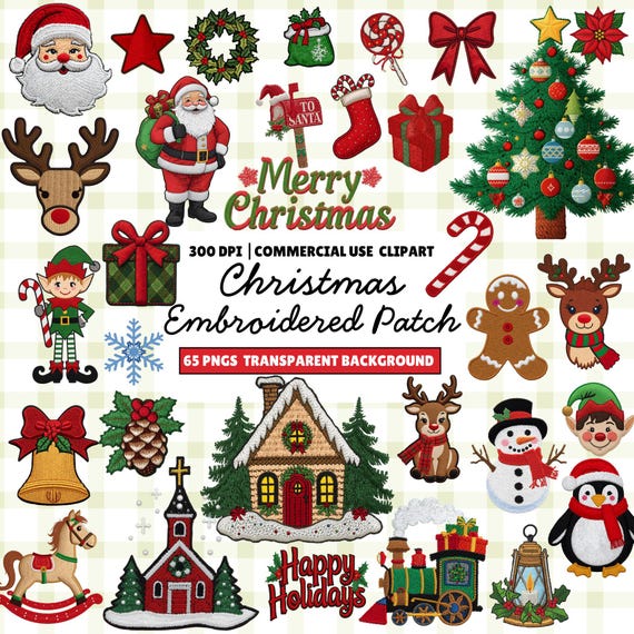 Christmas Embroidered Patch Clipart: Holiday PNG Set