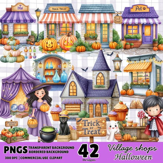 Watercolor Halloween Village Clipart Bundle: Spooky Shops, Pumpkins (PNG Files)