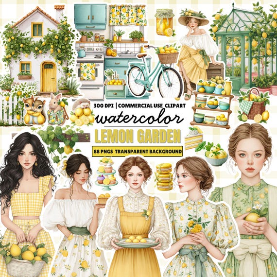 Watercolor Lemon Garden Clipart PNG Set: Cottagecore Graphics (Digital Download)