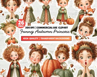 Funny Autumn Princess Watercolor Clipart, Fall Princess Illustration Set, Pumpkin Girl, Winter (Digital Download)