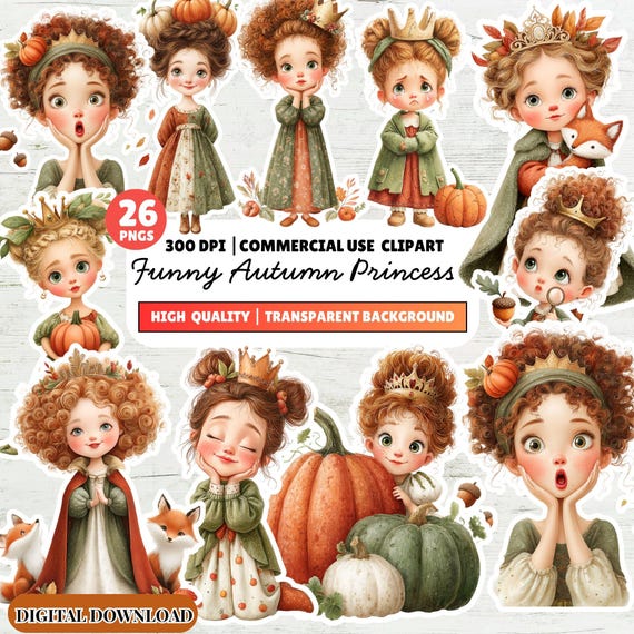 Funny Autumn Princess Watercolor Clipart, Fall Princess Illustration Set, Pumpkin Girl, Winter (Digital Download)