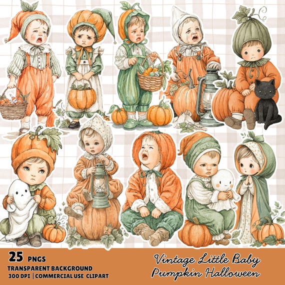 Vintage Baby Pumpkin Halloween Clipart Bundle: PNG Graphics (Digital Download)