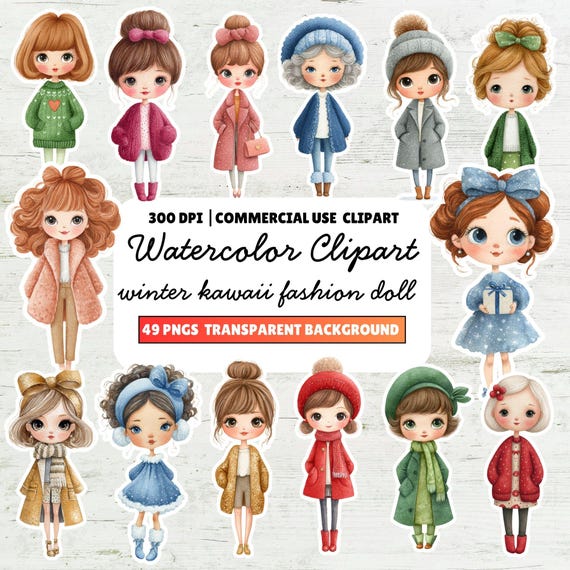 Watercolor Kawaii Fashion Doll Clipart, Winter PNG Set (Digital Download)