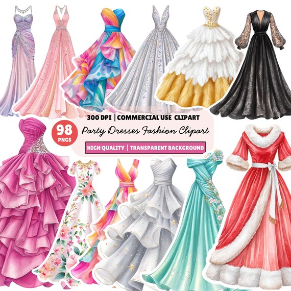 Party Dress Clipart PNG, Watercolor Fashion Dress Clipart Bundle, Prom Gown & Wedding Dress Clipart for Sublimation, Ball Gown PNG