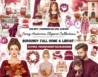 Burgundy Autumn Clipart: Cozy Home & Library PNG Set