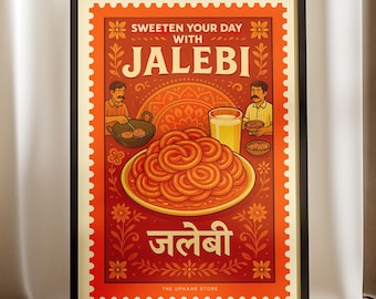 Jalebi Kitchen Art Print – Sweet Indian Dessert Poster  | Retro Culinary Stamp Wall Decor | Digital