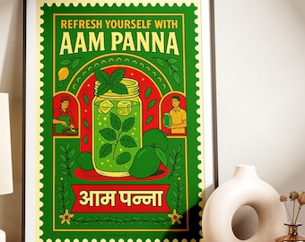 Aam Panna Kitchen Art Retro Indian Stamp-Style Digital Download Wall Decor | Desi Beverage Print
