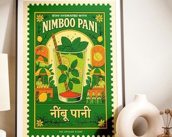Nimboo Pani Kitchen Art Print, Indian Lemonade Poster | Retro Stamp Beverage Print | Digital Download