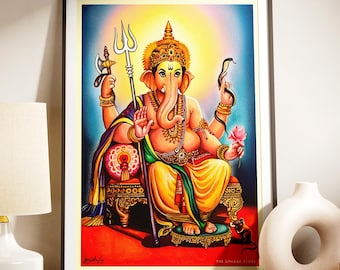 Ganesha Hand-Drawn Wall Art – Divine Digital Painting of Hindu God | Spiritual Puja Room Decor
