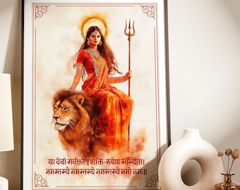 Maa Durga Painting: Wall Art Printable – Hindu Goddess Digital Painting for Puja Room Decor