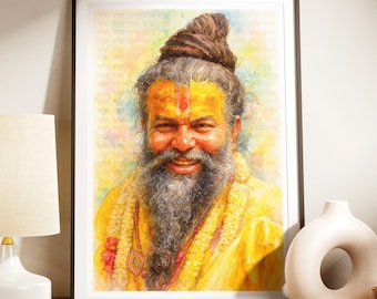 Shri Premanand Ji Maharaj Watercolor Portrait: Hindu Guru Spiritual Print (Digital)